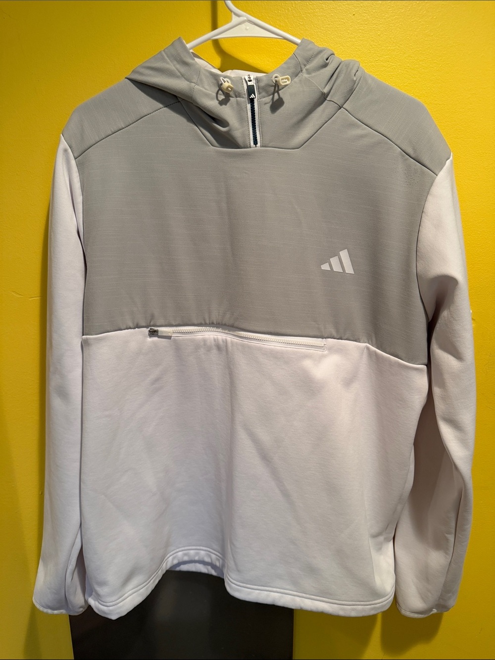 Adidas Light Gray & White Hooded Pullover Jacket, fleece lined. Size large